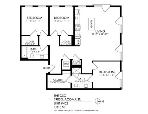 Floor plan for 3 beds, 2 baths, 1386 sqft